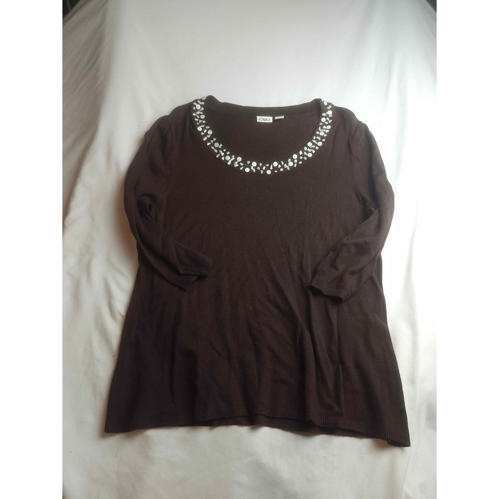 Cato Brown Knit Sweater Top Embellished Button Neck 3/4 Sleeve Womens XL